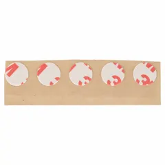 Pre-cut double-sided film tape disc with 1/2 in diameter and 8.3 mil thickness. Features transparent acrylic adhesive on a polyester film backing. Used for mounting, splicing, and bonding in industrial assembly, electronics, and signage applications.