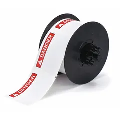 DANGER header precut label roll measuring 2 1/4 in x 3 in on a 2 1/4 in core. Made of white vinyl with acrylic adhesive, supplied as 300 labels per roll. Compatible with i5300 printer series. Used for industrial safety identification and hazard marking.