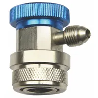 This copper quick coupler is designed for use in automotive refrigerant machine replacement hoses and couplers. It includes a safety stop for secure connections during HVAC service and repair. Suitable for connecting and disconnecting refrigerant lines in vehicle air conditioning systems