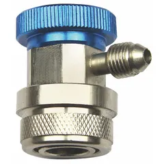 This copper quick coupler is designed for use in automotive refrigerant machine replacement hoses and couplers. It includes a safety stop for secure connections during HVAC service and repair. Suitable for connecting and disconnecting refrigerant lines in vehicle air conditioning systems.