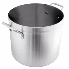 This 80-quart aluminum stock pot features a 5 mm gauge body for even heat distribution and is NSF Certified for commercial sanitation standards. With a 19 1/8-inch diameter, it is suited for high-volume cooking tasks such as simmering stocks, soups, and sauces in professional foodservice environments. Lid not included.