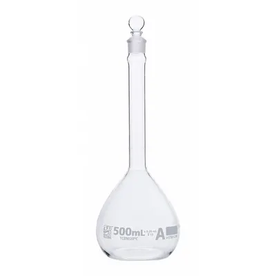 GLOBE SCIENTIFIC Volumetric Flask: 500 mL, Colorless, A, 0.20 mL - Glass Volumetric Flasks