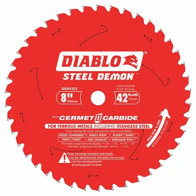 DIABLO Circular Saw Blade: 8 in Blade Dia., 42 Teeth, 0.08 in Cut Wd, 5/8 in Arbor Size - Stainless Steel-Cutting Blades