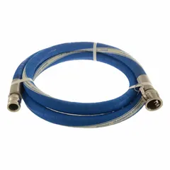 This polyethylene potable water discharge hose assembly features a smooth EPDM cover and synthetic spiral-plied fabric reinforcement. It has a 2-inch inside diameter, 5-foot length, and is rated for 150 psi with a temperature range of -40° to 212°F. The blue hose comes with 2-inch x 2-inch fittings. Suitable for transferring drinking water in industrial, municipal, and agricultural applications.