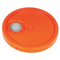 Orange plastic spout lid with gasketed snap-on design and tear tab. 12 1/4 in overall diameter. Used to seal and dispense contents from industrial pails, providing a leak-resistant closure for paints, chemicals, and lubricants.