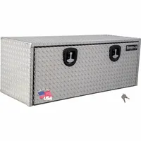 This single drop-down door box is designed for underbody mounting on trucks, providing secure storage for tools and equipment. It features a keyed lock and a silver finish. Typical applications include service trucks, fleet vehicles, and industrial worksites where weather-resistant storage is needed