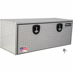 This single drop-down door box is designed for underbody mounting on trucks, providing secure storage for tools and equipment. It features a keyed lock and a silver finish. Typical applications include service trucks, fleet vehicles, and industrial worksites where weather-resistant storage is needed.