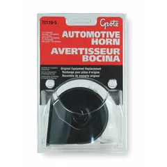 Single low-tone electric horn operating at 12V DC. Features a black enamel finish and includes a mounting bracket. Suitable for use on boats as an audible warning device.