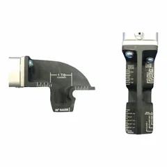 Steel track gauge with level for measuring and adjusting rail alignment and grade. Weighs 7 lb and accommodates track up to 58 inches wide. Used in industrial rail maintenance to verify track geometry.