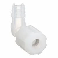 This PARGRIP compression fitting elbow connects 1/2 in OD PFA tubing to 3/8 in male NPT threads. Made of FDA-approved PFA, it is suited for high-purity fluid systems requiring corrosion resistance and cleanliness. Part of the Pargrip series