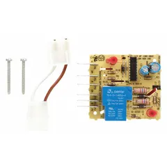 OEM replacement defrost control board for refrigerators and freezers. Manages the defrost cycle by regulating heating of evaporator coils to prevent frost buildup and maintain airflow.