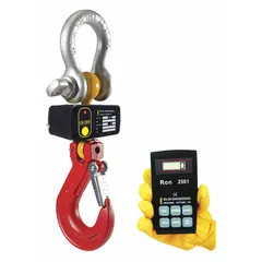 Industrial crane scale with 60,000 lb capacity, 20 lb readability, and ±0.1% accuracy. Alloy steel housing with wireless remote indicator. UL listed. Weighs in pounds. Used for overhead lifting and weighing of heavy loads in industrial settings.
