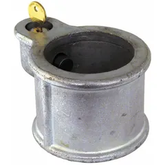 King pin lock for securing trailer king pins during parking or storage. Measures 2 in overall length, 2 in overall width, and 2 1/4 in height. Used in fleet and vehicle maintenance to prevent unauthorized coupling.