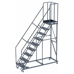 This assembled steel manual-lock ladder features a 32 in x 88 in perforated platform and includes handrails. Finished in gray, it is designed for stable access at height in industrial and commercial settings such as warehouses and factories.