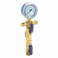 Single manifold gauge from the SuperEvac series, designed for use with R-22 refrigerant. Features two valves and a 2 1/2 in gauge. Used for evacuating and charging HVAC/R systems, allowing service technicians to monitor vacuum levels during system evacuation. Does not include gauge boots or sight glass
