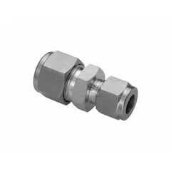 This HAM-LET double-ferrule stainless steel union connects tubing of 10 mm OD and 3/8 in OD with compression ends on both sides. The double-ferrule design provides a secure metal-to-metal grip, suitable for instrumentation, hydraulic, and process systems requiring leak-tight, vibration-resistant joints. Compatible with Swagelok fitting brands for interchangeability.