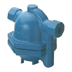 Cast iron in-line float and thermostatic steam trap with stainless steel float. Designed for horizontal installation to automatically drain condensate from steam lines while preventing steam loss. Suitable for low-pressure heating and process steam systems.