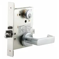 This classroom lever lockset features an ANSI F05 function, allowing key-controlled entry and locking from the inside with a visual locked/unlocked indicator. Constructed of satin chromium-plated forged brass in the L Rhodes style, it is designed for use in educational facilities where quick egress and secure access are required. Not ADA compliant or ligature-resistant
