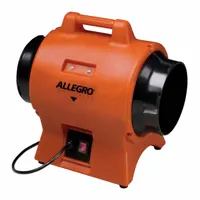 Axial fan for ventilating enclosed areas such as tanks and vaults. Operates on 115 V AC with 1/3 hp motor, accepts 8 in ducting. Includes carry handle for portability. Color: black/orange/yellow