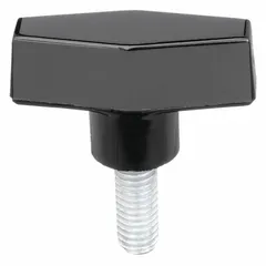 T-handle knob with threaded stud made of thermoset material. Features a 2-inch diameter, 3/8"-16 thread, and 10 mm thread length. Used for manual clamping, positioning, and adjustment on industrial machinery and equipment.