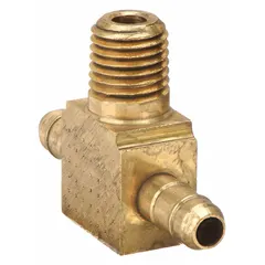 Low-lead brass barbed tee with Barbed x Barbed x MNPT configuration. Rigid design for connecting two 1/4 in ID barbed hoses and one 1/16 in male NPT pipe thread. Suitable for pneumatic, instrumentation, or low-pressure liquid systems.