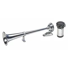 Chrome-plated silver air horn producing a 315 Hz low-tone signal. Includes stainless steel mounting hardware. Suitable for marine vessels requiring an audible warning signal.