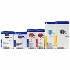 This complete first aid kit refill contains 105 components, including 20 knuckle metal detectable bandages and 20 alcohol wipes. It is unitized, latex free, and OSHA compliant, serving up to 50 people. Suitable for food service environments where metal-detectable bandages are required. No wound dressings or medication included.
