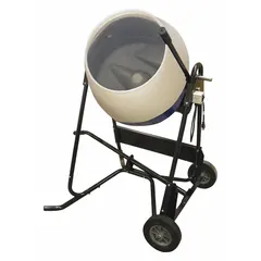This corded concrete mixer features a 3 cu ft polyethylene drum and a welded steel frame. It is powered by a corded electric motor and designed for mixing concrete. Typical applications include construction and renovation projects where a portable mixer is needed to blend cement, sand, and aggregate.