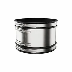 Shielded flexible transition coupling for joining 4 in to 6 in pipe of copper, iron, PVC, or steel. Overall length 5 29/32 in. Suitable for below-ground use.