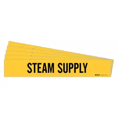 Yellow adhesive pipe marker with black 'Steam Supply' legend. Fits pipe outer diameters from 2-1/2 to 7-7/8 inches. Pack of 5 markers without arrows. Used for identifying steam supply lines in piping systems.