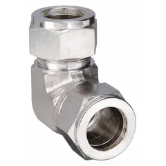 This PARKER compression elbow features a double-ferrule stainless steel design with compression x compression ends for 3/4 in OD tubing. It is compatible with Parker A-LOK fitting brands and provides a leak-tight connection in industrial fluid or gas systems.