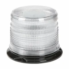 White LED round beacon with pipe mount, 4 7/8 in height and 6 3/8 in width. Operates on 12 to 24V DC with blunt cut wires. Features 26 flash patterns and SAE Class 2 rating for warning applications on vehicles and equipment.