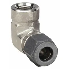 This PARKER CPI™ series single-ferrule stainless steel elbow connects 1/4 in OD tubing to a 1/2 in FNPT port. The compression x FNPT configuration provides a leak-free seal in instrumentation, process control, and hydraulic systems. Compatible with CPI™ brand fittings.