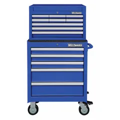 This light-duty top chest and rolling cabinet combo features 14 drawers with ball-bearing slides for smooth operation. The keyed locking system secures contents, and the blue powder-coated finish provides resistance to wear. Suitable for organizing tools in workshops, garages, and maintenance facilities.