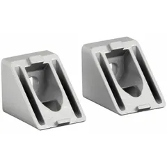 This 45° corner support is designed for 25 Series aluminum framing systems. Made of powder-coated aluminum, it measures 32 mm x 25 mm x 25 mm and features two holes. Used to create angled joints in structural frameworks such as machine guards, workstations, and conveyor supports. Sold in a pack of two.