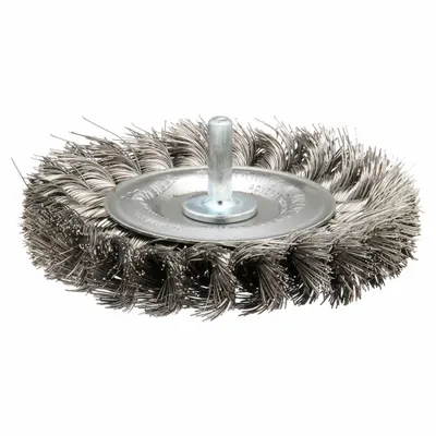 WEILER Wire Wheel Brush: Twisted Stainless Steel, 4" Dia x 1/2" Wd, 1/4" Shank - Heavy-Cleaning Brushes for Contoured Stainless Steel Surfaces