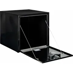 Single drop-down door box in gloss black finish. Equipped with a keyed lock for secure storage. Designed for underbody mounting on trucks to store tools and equipment, helping to conserve cargo space.