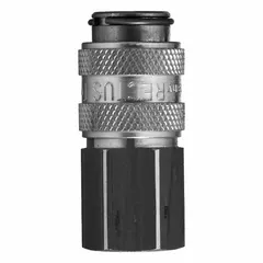 Brass quick-connect coupling body with ball locking mechanism for pneumatic systems. Features 3/8"-18 female thread and 3/8" hose fitting size. Used in compressed air lines for connecting tools and hoses in industrial applications.