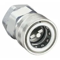 Steel hydraulic quick-connect coupling body with 1/4"-18 thread size and fluorocarbon seal. Rated for maximum flow rate of 14.384 lpm. Used in fluid power systems for rapid connection and disconnection of hydraulic lines in industrial machinery and mobile equipment