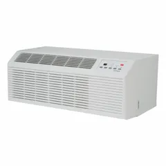 Packaged terminal air conditioner with electric heat providing 7200 BtuH cooling capacity. Operates on 208/230V AC power with a 6-20P plug. Suitable for cooling and heating in hotel rooms, motels, apartments, and small commercial spaces.