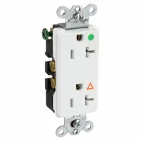This HUBBELL receptacle is a hospital grade, specification grade decorator duplex outlet with a 5-20R configuration. Rated 125V AC and 20 A, it is designed for general-purpose power distribution in commercial and institutional settings where reliable, tamper-resistant outlets are required. The white finish suits standard decorator wall plates