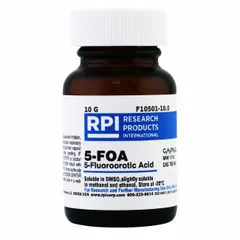 RPI 5-Fluoroorotic Acid (5-FOA) is a lab-grade protease inhibitor supplied as a powder in a 10 g glass container. This product is BSE/TSE free and suitable for use in molecular biology and biochemical research applications.