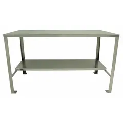 Fixed-height stainless steel workbench with a lower shelf for storage. Work surface measures 72 x 30 inches. Overall load capacity of 1500 lb. Suitable for industrial assembly, maintenance, and laboratory tasks where corrosion resistance is required.