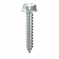 Steel, zinc-plated hex washer head sheet metal screws with slotted drive. #8 size, 1 in length, 1/4 in drive size. Suitable for fastening sheet metal to metal framing in HVAC, ductwork, and general metal fabrication applications. Pack of 500.