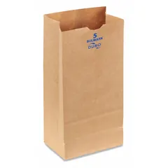Kraft paper bag suitable for packaging groceries, hardware, or light industrial parts. Each bag measures 5 1/4 inches wide, 3 1/2 inches deep, and 11 inches high. Supplied in a pack of 400.
