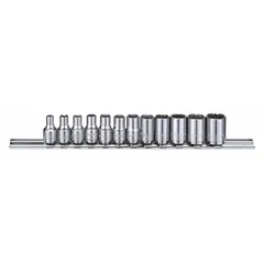 This 12-piece metric socket set features a 1/4 in drive and 12-point design, covering sizes from 3.5 mm to 12 mm. The sockets are tether ready for added safety in elevated or confined workspaces. Suitable for tightening and loosening metric fasteners in automotive repair, machinery maintenance, and general assembly tasks.