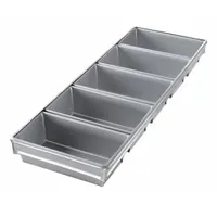 This open top bread pan is constructed from aluminized steel for even heat distribution. It features 5 slots for baking multiple loaves simultaneously. Overall width is 9 3/4 inches and depth is 2 3/4 inches. Suitable for commercial or high-volume baking applications