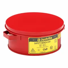 This 1-gallon bench can is constructed from powder-coated steel in red. It is used for safe handling and dispensing of flammable liquids on workbenches in industrial settings such as machining, maintenance, and laboratory environments.