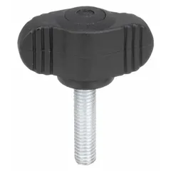 Wing knob with threaded stud for manual clamping, positioning, and adjustment on machinery and fixtures. Plastic body with steel M6 thread, 30 mm thread length, 28 mm diameter.