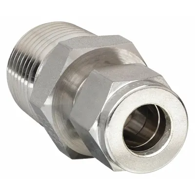 PARKER Compression Fitting Adapter: 1/4 in OD x 3/8 in Pipe Size, 7/16-20 Thread Size - Double-Ferrule Steel Compression Fittings